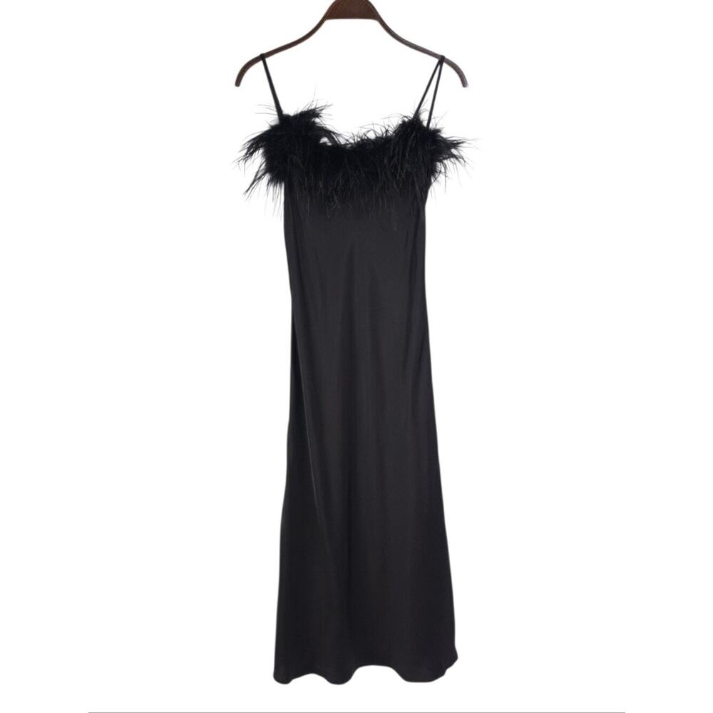 Sleeper Boheme Satin Midi Slip Dress Black Ostrich Feather Trim - Picture 5 of 12